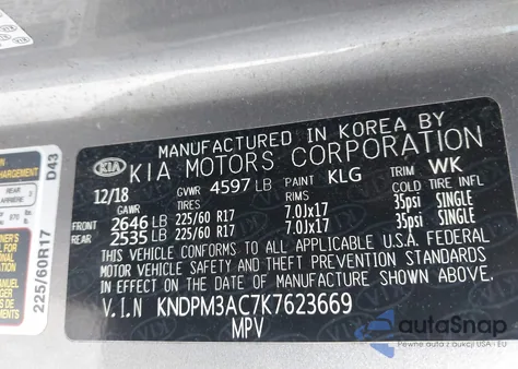 2019 Kia Sportage Lx z USA, uszkodzony, nr VIN KNDPM3AC7K7623669